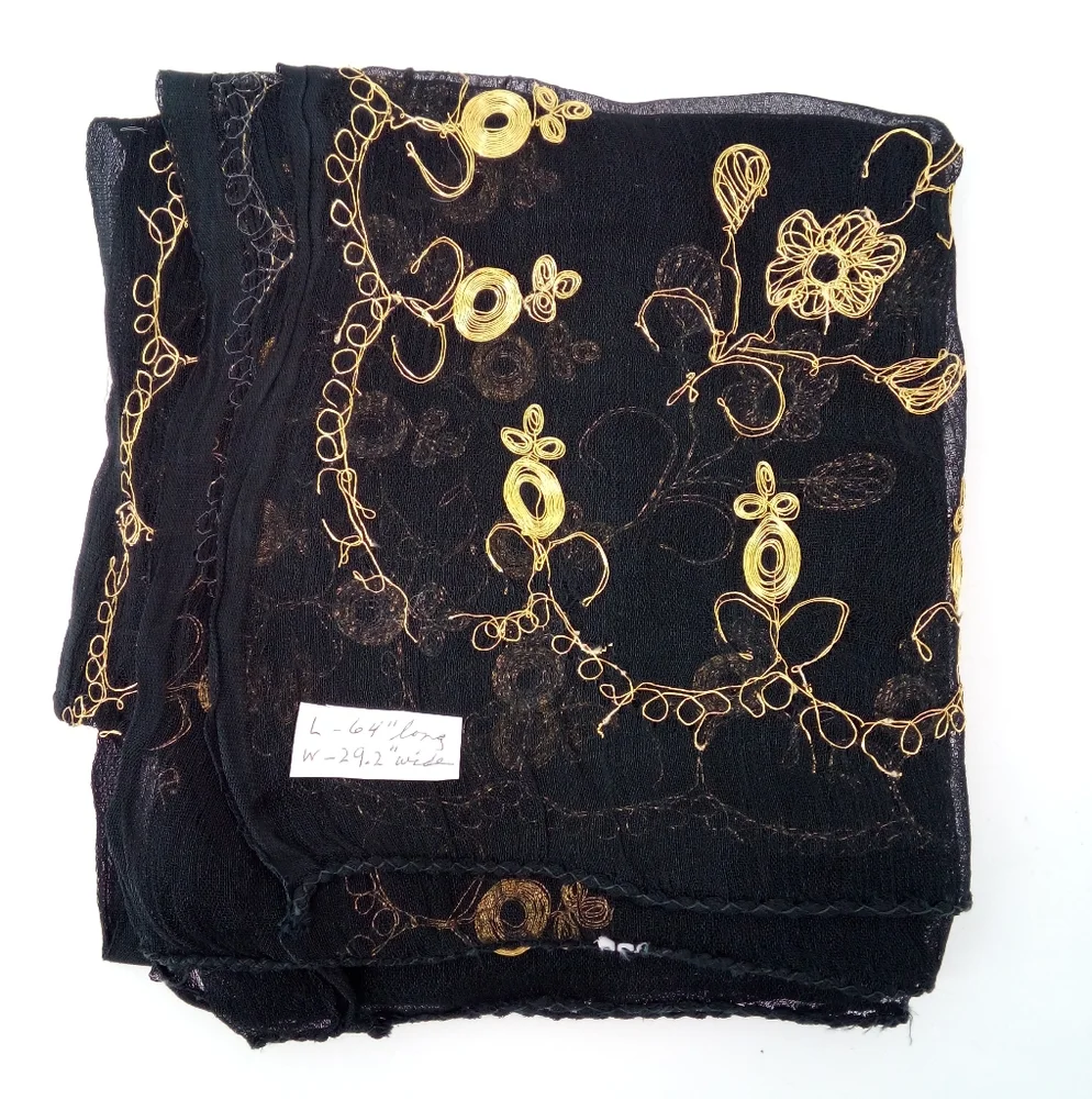 Vintage Metallic Gold Black Sheer Neck Scarf